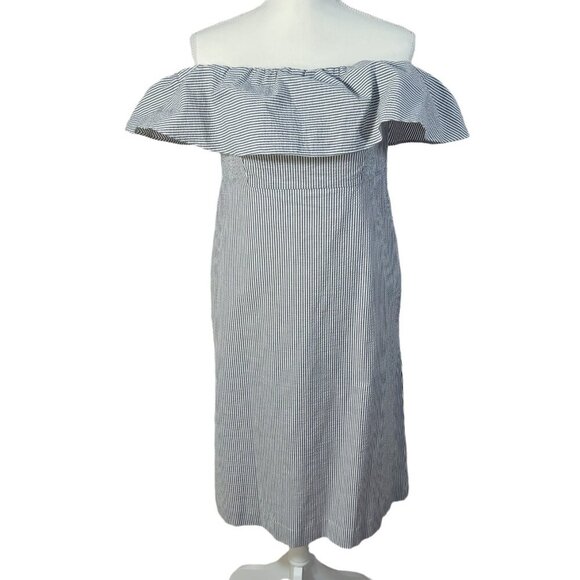 Banana Republic Seersucker Off Shoulder White Grey Striped Ruffle Dress Size 8 - Picture 1 of 8